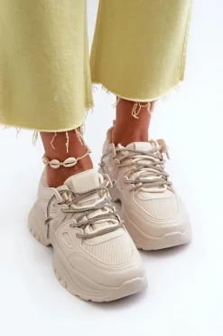 Boto Sneakersy Damskie*Sneakersy Damskie Na Masywnej Podeszwie Z Ozdobnym Sznurowaniem Beżowe Relissa Beżowy