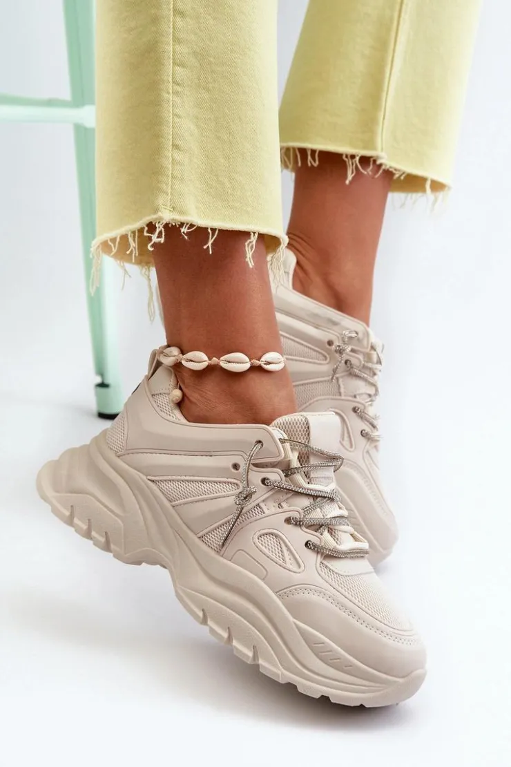 Boto Sneakersy Damskie*Sneakersy Damskie Na Masywnej Podeszwie Z Ozdobnym Sznurowaniem Beżowe Relissa Beżowy