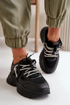 Online Boto Sneakersy Damskie Na Masywnej Podeszwie Z Ozdobnym Sznurowaniem Czarne Relissa
