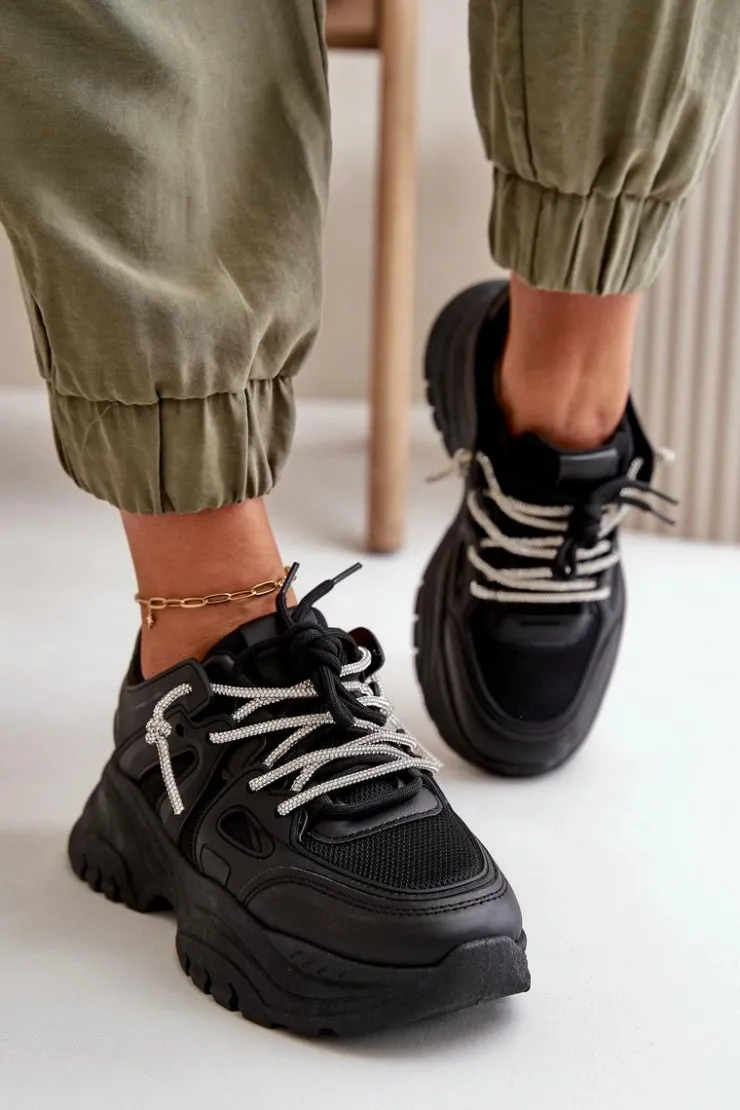 Online Boto Sneakersy Damskie Na Masywnej Podeszwie Z Ozdobnym Sznurowaniem Czarne Relissa
