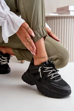 Online Boto Sneakersy Damskie Na Masywnej Podeszwie Z Ozdobnym Sznurowaniem Czarne Relissa
