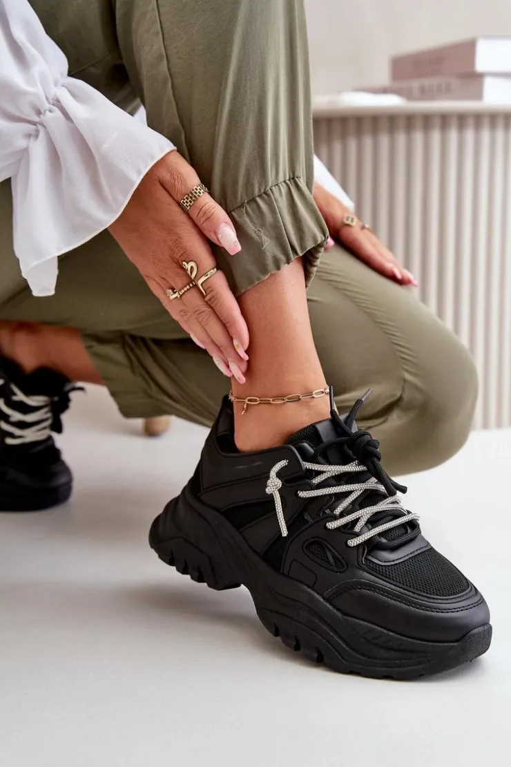 Online Boto Sneakersy Damskie Na Masywnej Podeszwie Z Ozdobnym Sznurowaniem Czarne Relissa