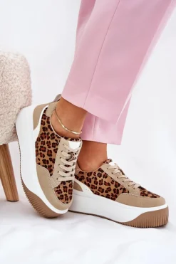 Sale Boto Sneakersy Damskie Na Masywnej Platformie Panterka Beżowe Tamorniel Beżowy