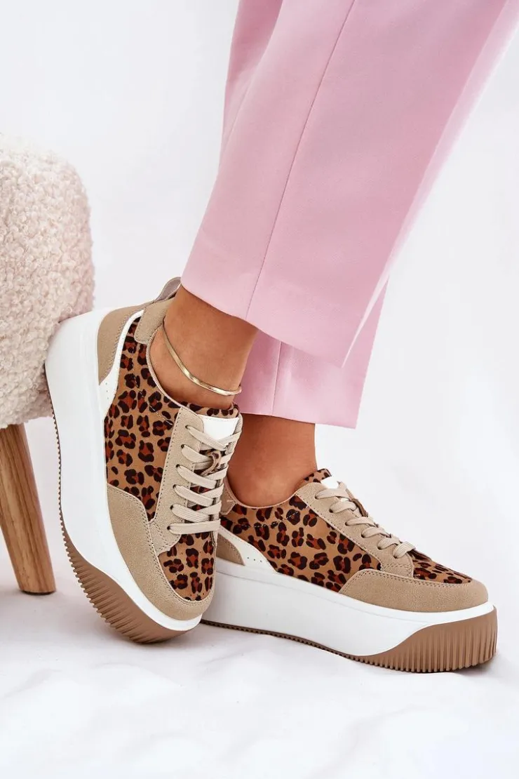 Sale Boto Sneakersy Damskie Na Masywnej Platformie Panterka Beżowe Tamorniel Beżowy