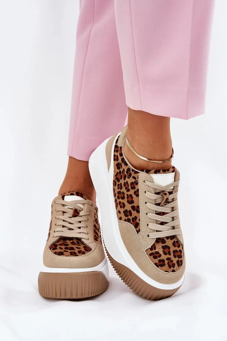 Sale Boto Sneakersy Damskie Na Masywnej Platformie Panterka Beżowe Tamorniel Beżowy