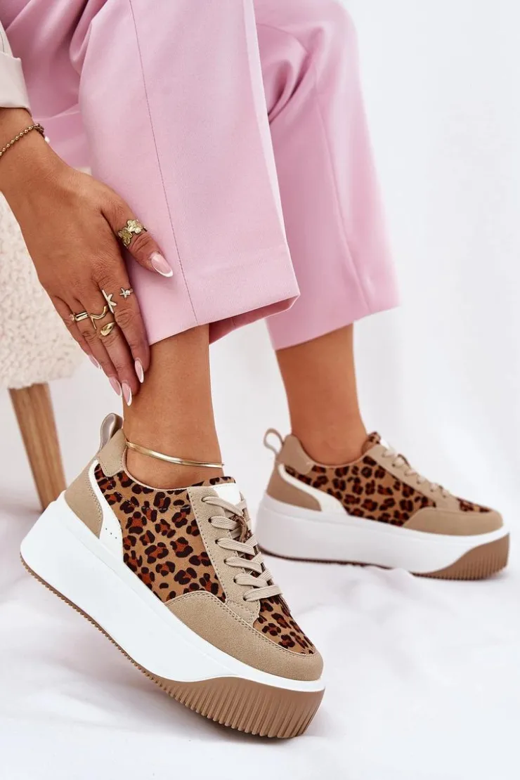 Sale Boto Sneakersy Damskie Na Masywnej Platformie Panterka Beżowe Tamorniel Beżowy
