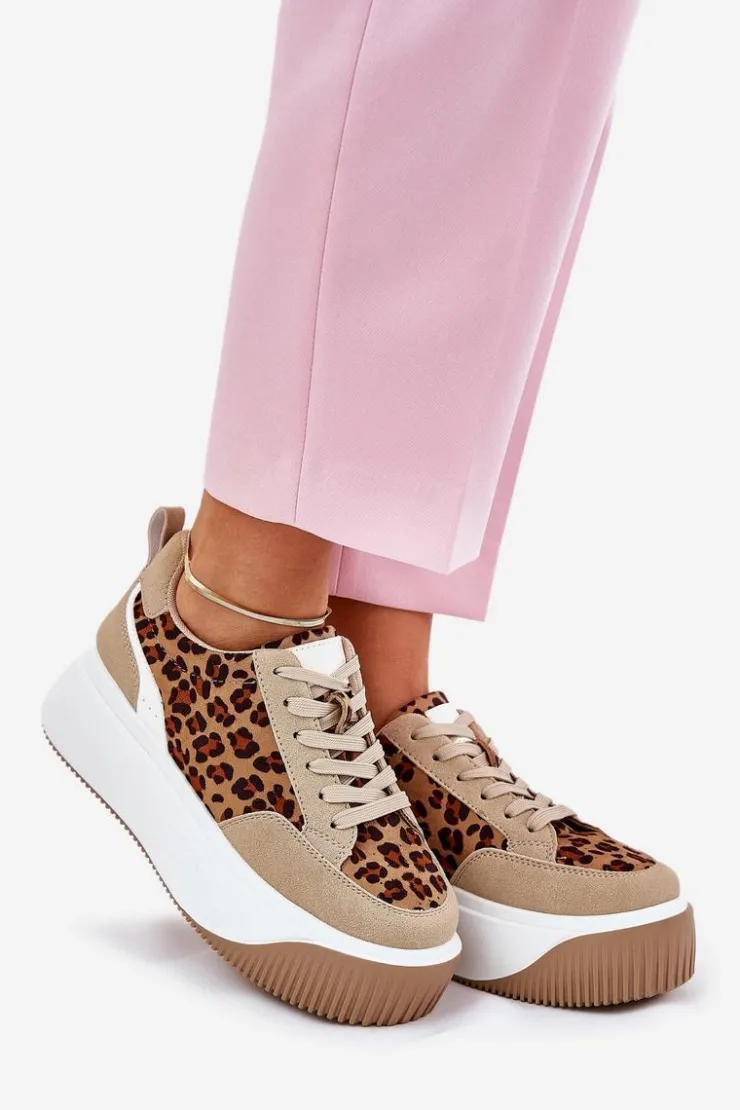 Sale Boto Sneakersy Damskie Na Masywnej Platformie Panterka Beżowe Tamorniel Beżowy