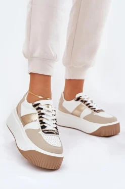 Damskie Boto Sneakersy Damskie Na Masywnej Platformie Zwierzęcy Wzór Beżowo-Złote Telanila