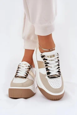 Damskie Boto Sneakersy Damskie Na Masywnej Platformie Zwierzęcy Wzór Beżowo-Złote Telanila