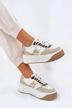 Damskie Boto Sneakersy Damskie Na Masywnej Platformie Zwierzęcy Wzór Beżowo-Złote Telanila