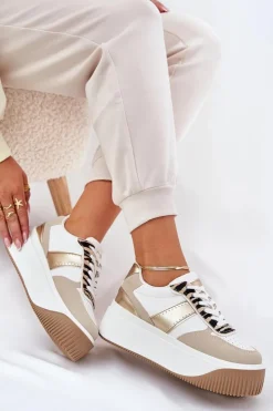 Damskie Boto Sneakersy Damskie Na Masywnej Platformie Zwierzęcy Wzór Beżowo-Złote Telanila