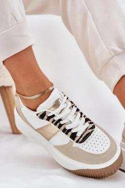 Damskie Boto Sneakersy Damskie Na Masywnej Platformie Zwierzęcy Wzór Beżowo-Złote Telanila