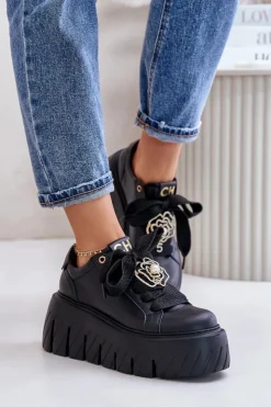 Damskie CheBello Sneakersy Damskie Na Masywnej Podeszwie Ze Złotą Ozdobą 4530 Czarne