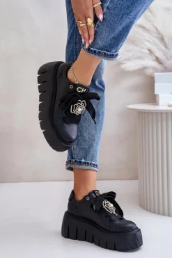Damskie CheBello Sneakersy Damskie Na Masywnej Podeszwie Ze Złotą Ozdobą 4530 Czarne