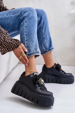 Damskie CheBello Sneakersy Damskie Na Masywnej Podeszwie Ze Złotą Ozdobą 4530 Czarne