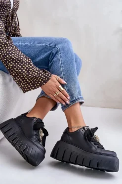 Damskie CheBello Sneakersy Damskie Na Masywnej Podeszwie Ze Złotą Ozdobą 4530 Czarne