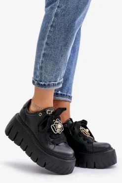 Damskie CheBello Sneakersy Damskie Na Masywnej Podeszwie Ze Złotą Ozdobą 4530 Czarne