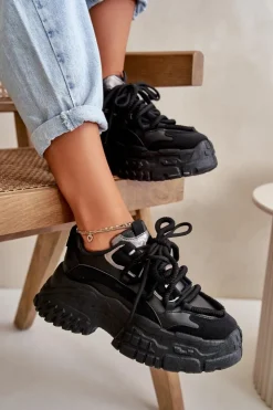 Boto Sneakersy Damskie*Sneakersy Damskie Na Masywnej Podeszwie Czarne Nevela