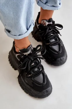 Boto Sneakersy Damskie*Sneakersy Damskie Na Masywnej Podeszwie Czarne Nevela