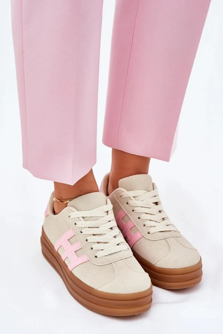 Evento Sneakersy Damskie*Sneakersy Damskie Na Platformie Beżowe Syliyana Beżowy