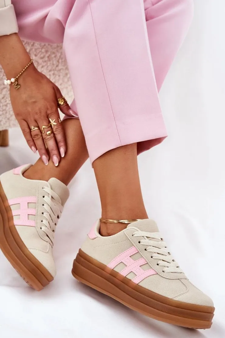 Evento Sneakersy Damskie*Sneakersy Damskie Na Platformie Beżowe Syliyana Beżowy