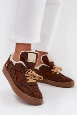 Best Boto Sneakersy Damskie Na Platformie Ocieplane Futerkiem Brązowe Solvia Brązowy