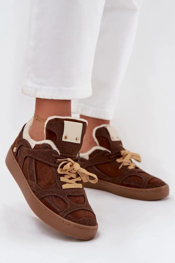 Best Boto Sneakersy Damskie Na Platformie Ocieplane Futerkiem Brązowe Solvia Brązowy