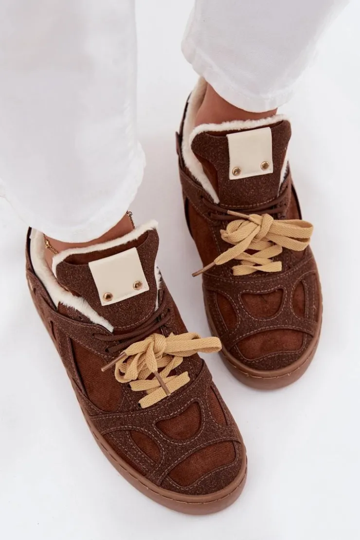 Best Boto Sneakersy Damskie Na Platformie Ocieplane Futerkiem Brązowe Solvia Brązowy
