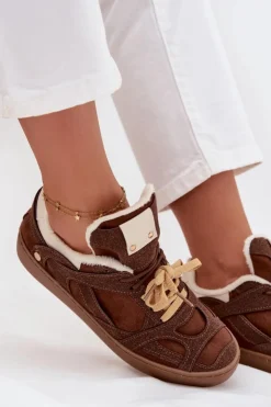 Best Boto Sneakersy Damskie Na Platformie Ocieplane Futerkiem Brązowe Solvia Brązowy