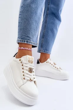 New Boto Sneakersy Damskie Na Platformie Z Ozdobami Białe Herbisa