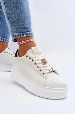 New Boto Sneakersy Damskie Na Platformie Z Ozdobami Białe Herbisa