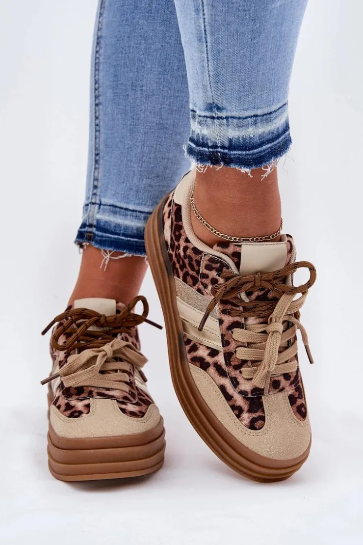 Sale Boto Sneakersy Damskie Na Platformie Z Podwójnym Sznurowaniem Panterka Beżowe Niteria Beżowy