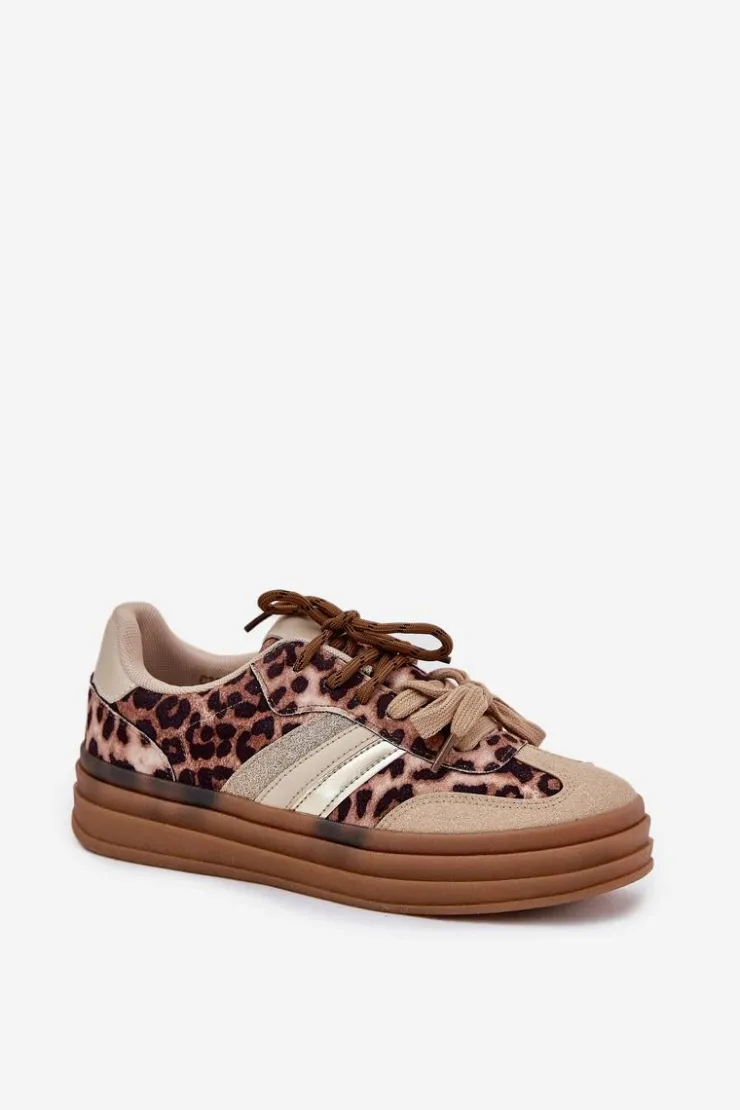 Sale Boto Sneakersy Damskie Na Platformie Z Podwójnym Sznurowaniem Panterka Beżowe Niteria Beżowy