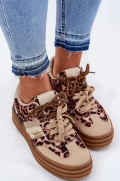 Sale Boto Sneakersy Damskie Na Platformie Z Podwójnym Sznurowaniem Panterka Beżowe Niteria Beżowy