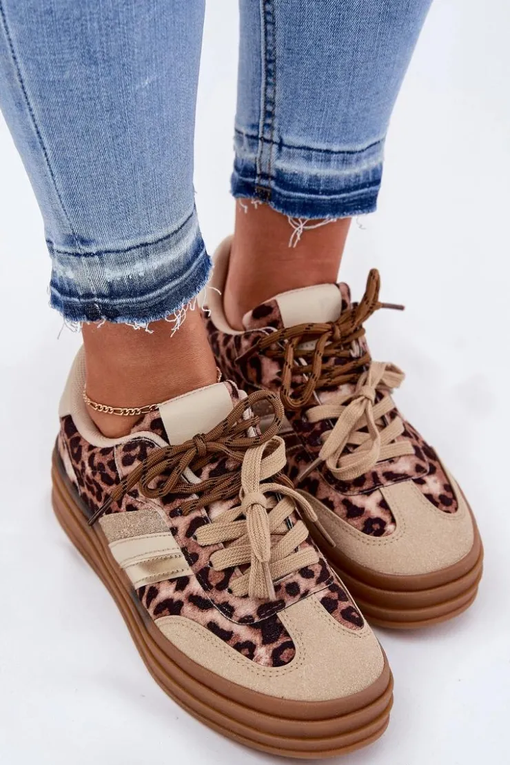 Sale Boto Sneakersy Damskie Na Platformie Z Podwójnym Sznurowaniem Panterka Beżowe Niteria Beżowy