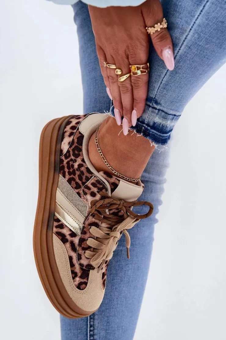 Sale Boto Sneakersy Damskie Na Platformie Z Podwójnym Sznurowaniem Panterka Beżowe Niteria Beżowy