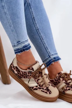 Sale Boto Sneakersy Damskie Na Platformie Z Podwójnym Sznurowaniem Panterka Beżowe Niteria Beżowy