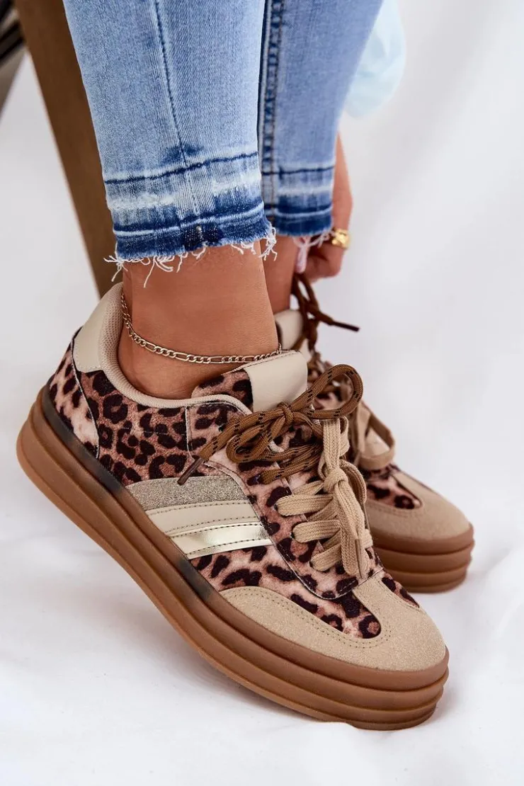 Sale Boto Sneakersy Damskie Na Platformie Z Podwójnym Sznurowaniem Panterka Beżowe Niteria Beżowy