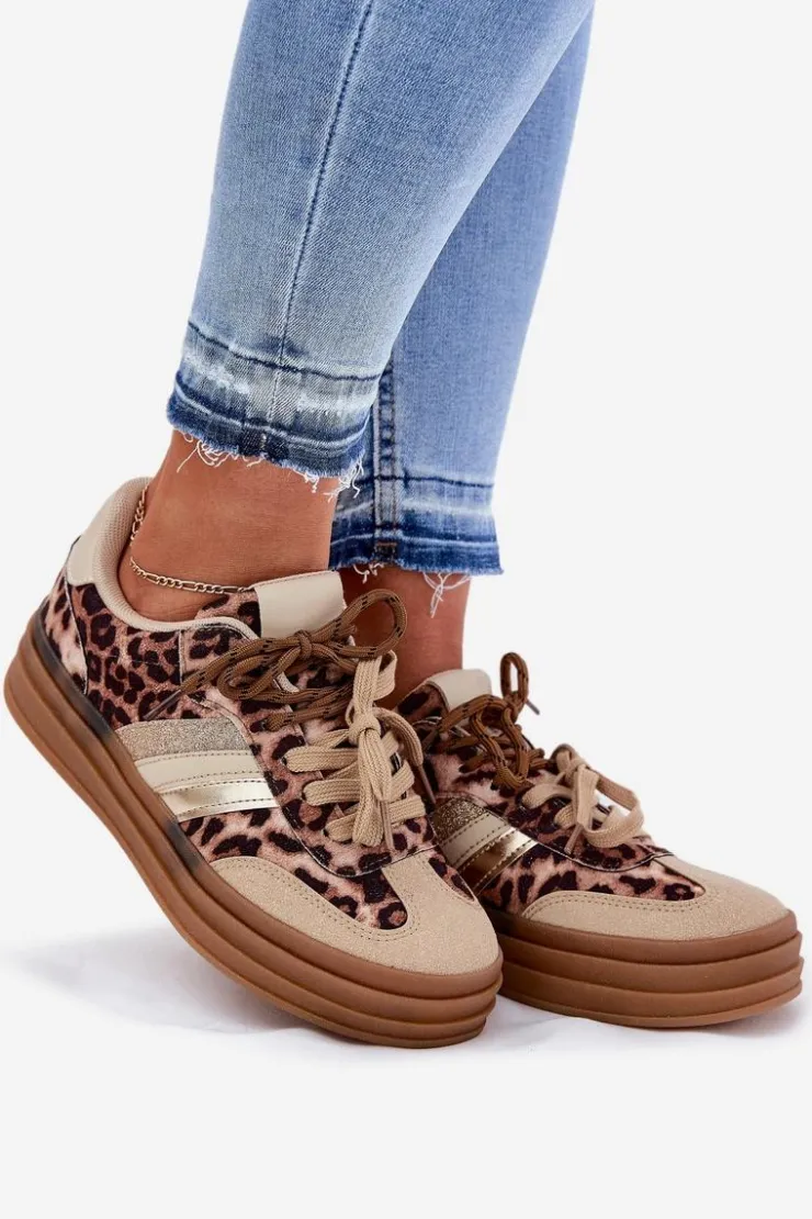 Sale Boto Sneakersy Damskie Na Platformie Z Podwójnym Sznurowaniem Panterka Beżowe Niteria Beżowy