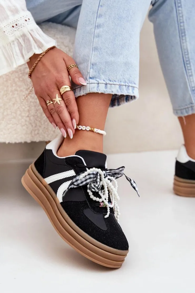 Clearance Boto Sneakersy Damskie Na Platformie Z Ozdobami Czarne Vinness Czarny