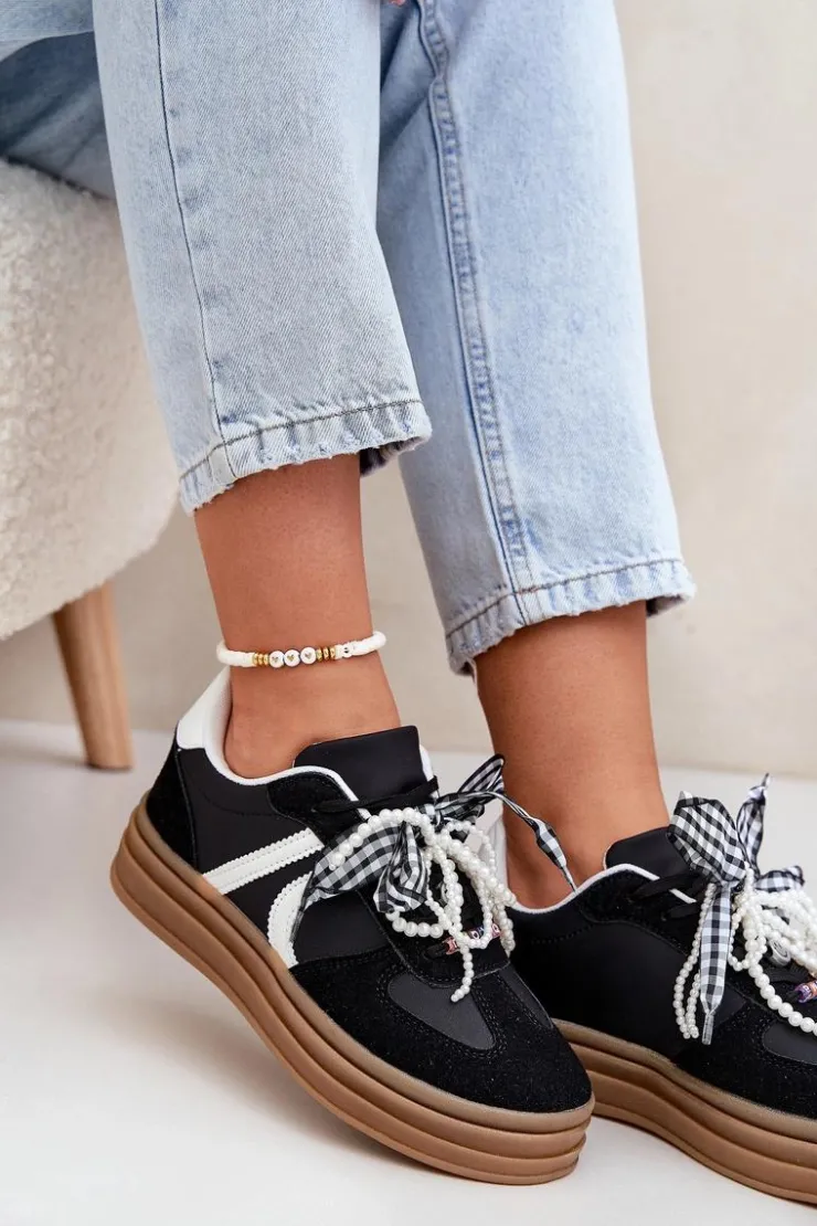 Clearance Boto Sneakersy Damskie Na Platformie Z Ozdobami Czarne Vinness Czarny