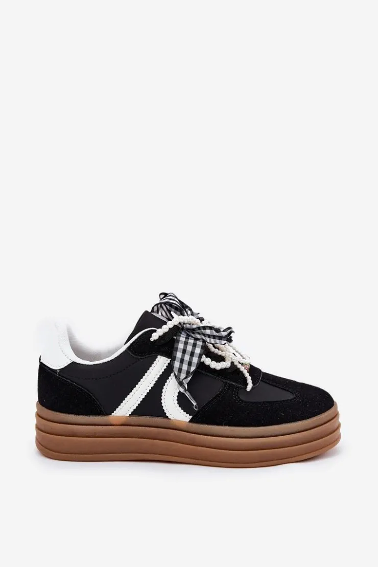 Clearance Boto Sneakersy Damskie Na Platformie Z Ozdobami Czarne Vinness Czarny