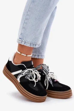 Clearance Boto Sneakersy Damskie Na Platformie Z Ozdobami Czarne Vinness Czarny