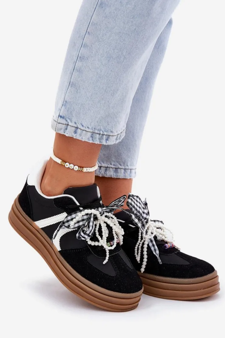 Clearance Boto Sneakersy Damskie Na Platformie Z Ozdobami Czarne Vinness Czarny