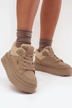 Outlet Big Star Shoes Sneakersy Damskie Na Platformie Z Futerkiem Typu Baranek Big Star SS274105 Beżowe