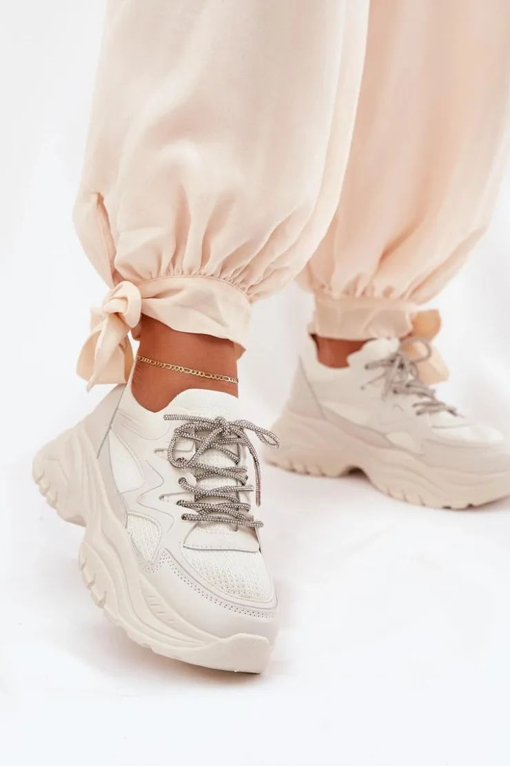 Boto Sneakersy Damskie*Sneakersy Damskie Na Platformie Ozdobnym Sznurowaniem Beżowe Evalianne Beżowy