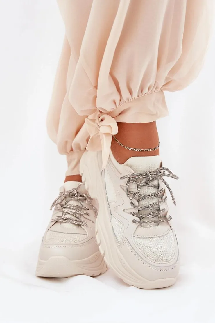 Boto Sneakersy Damskie*Sneakersy Damskie Na Platformie Ozdobnym Sznurowaniem Beżowe Evalianne Beżowy