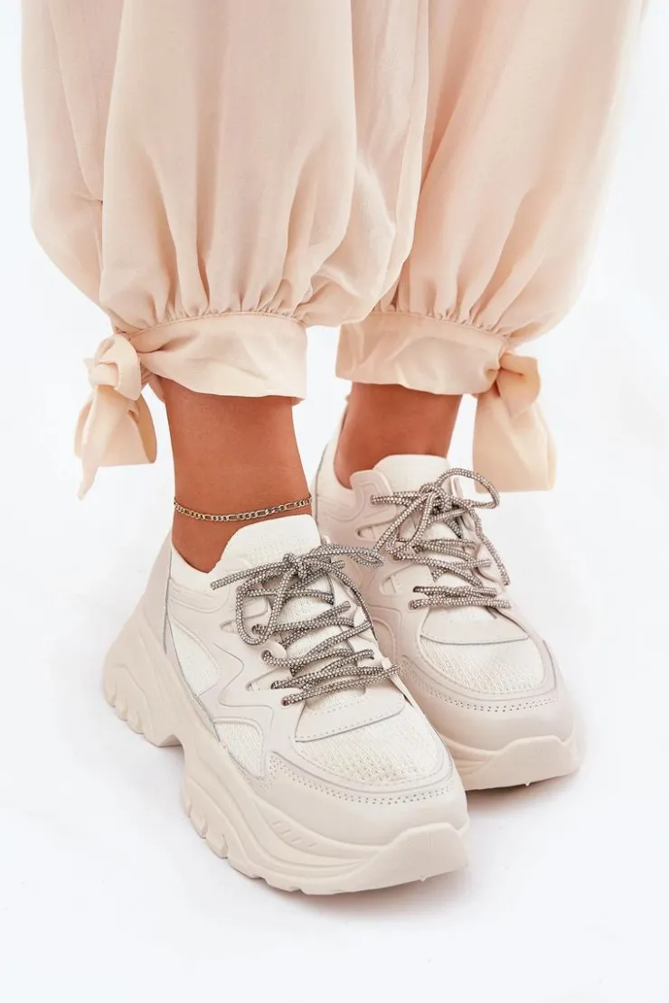 Boto Sneakersy Damskie*Sneakersy Damskie Na Platformie Ozdobnym Sznurowaniem Beżowe Evalianne Beżowy