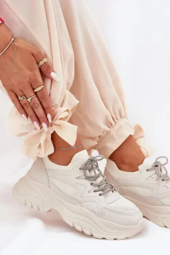 Boto Sneakersy Damskie*Sneakersy Damskie Na Platformie Ozdobnym Sznurowaniem Beżowe Evalianne Beżowy