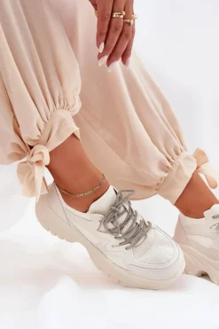Boto Sneakersy Damskie*Sneakersy Damskie Na Platformie Ozdobnym Sznurowaniem Beżowe Evalianne Beżowy